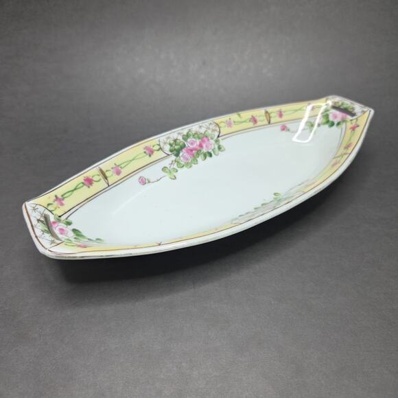 Nippon Hand Painted Celery Dish Pink Floral Porcelain 11in Chintz - Picture 1 of 16